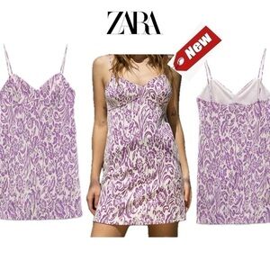 Zara purple white jacquard knit spaghetti strap bodycon mini dress Sz M NWT